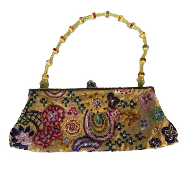 Vintage Beaded Embroidered Handbag Purse Fancy Party Elegant Yellow Floral - Picture 1 of 6